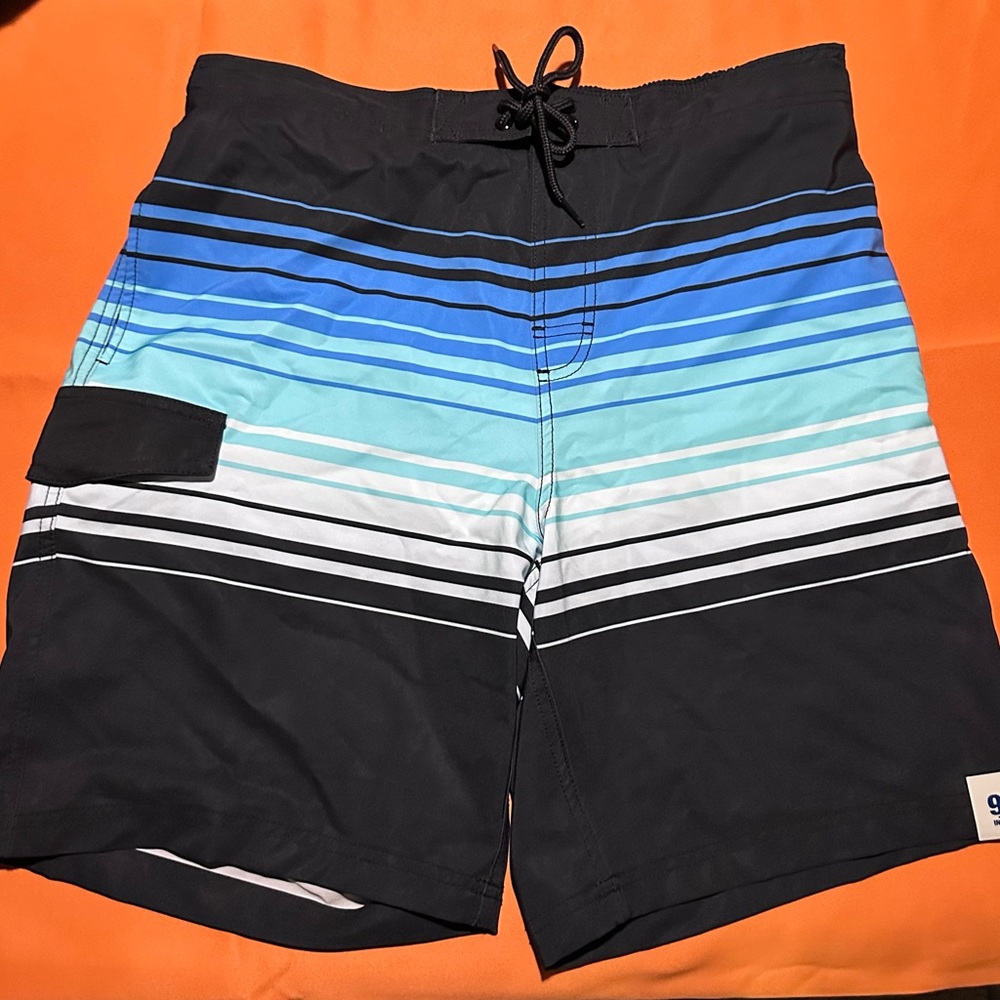 NWT Men's Black, Blue, White & Teal Striped Swim Trunks Size L